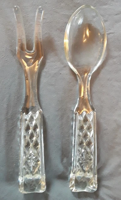 Anchor Hocking Wexford Glass Large Fork & Spoon Salad Serving Set Vintage