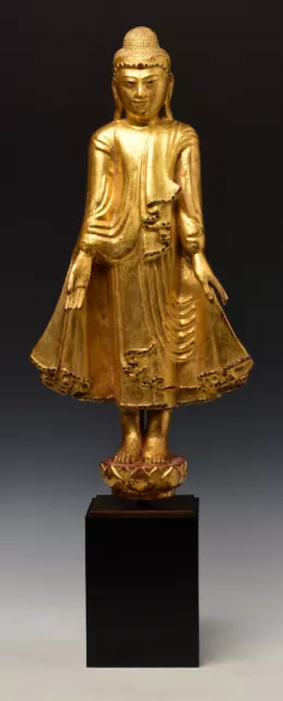 19th Century, Mandalay, Antique Burmese Wooden Standing Buddha
