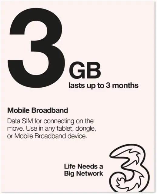 Three Mobile Pay As You Go Mobile Broadband 3 GB data SIM