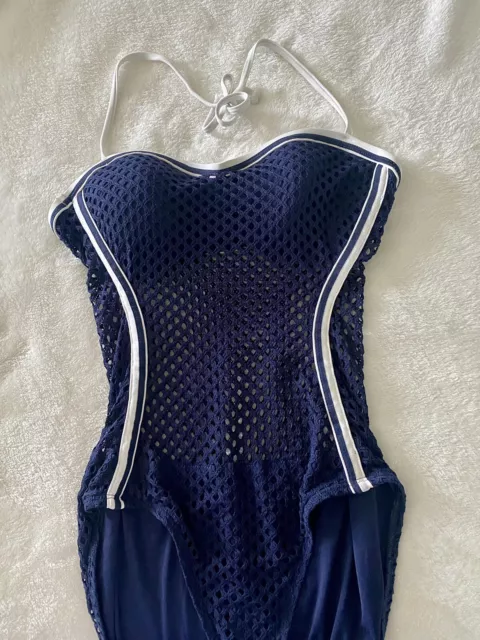 Robin Piccone Navy/White Crochet/Fishnet One Piece Swimsuit Sz 8 NWOT