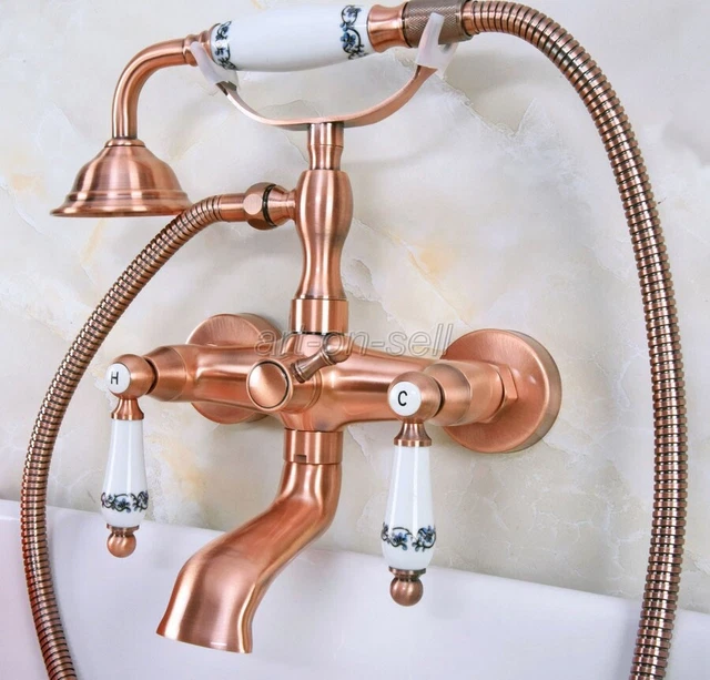 Red Copper Wall Mount Bathroom Clawfoot Bath Tub Faucet Filler with Hand Shower