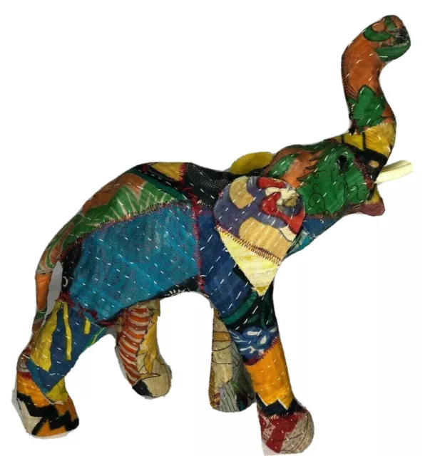 Vintage Sari Elephant Statue Multicolor Patchwork fabric over paper mache