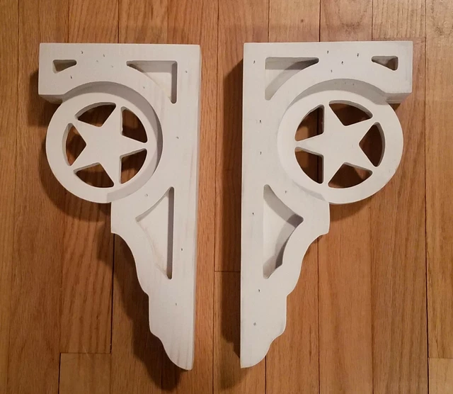 Pair of Wood Porch Corbels Shelf Mantle Support Brackets Star Design WHITE