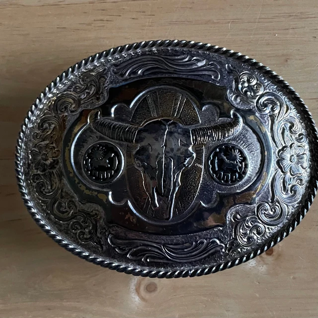 Vintage Silver Plated Western Belt Buckle with Steer Head Made in Oklahoma