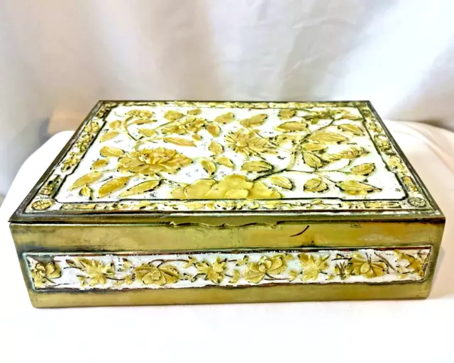 Brass Embossed Floral Enamel Wood Lined Dresser Trinket Box White Yellow Flowers