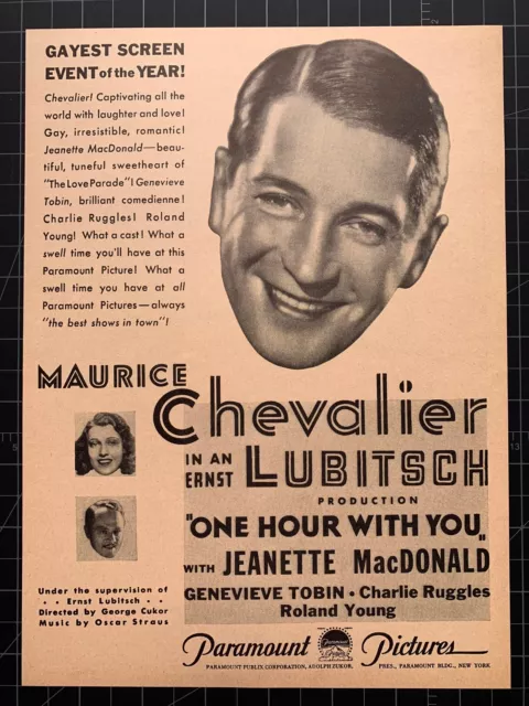 Vintage 1932 “One Hour With You” Film Print Ad - Maurice Chevalier - Jeanette