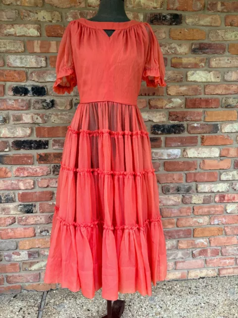 Vintage Bright Coral square dance dress handmade Rockabilly size XS/S