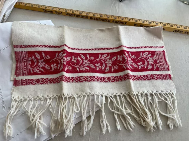 Victorian red damask linen knotted fringed show towel 20x42 excellent cond 1880
