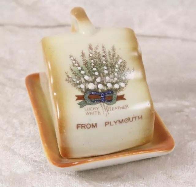 Tourist souvenir Plymouth lucky white heather miniature cheese dish 3" long