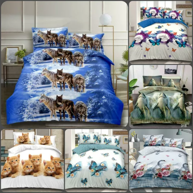 3D Duvet Set With Quilt Cover, Fitted Sheet & Pillow cases Single Double Bedding