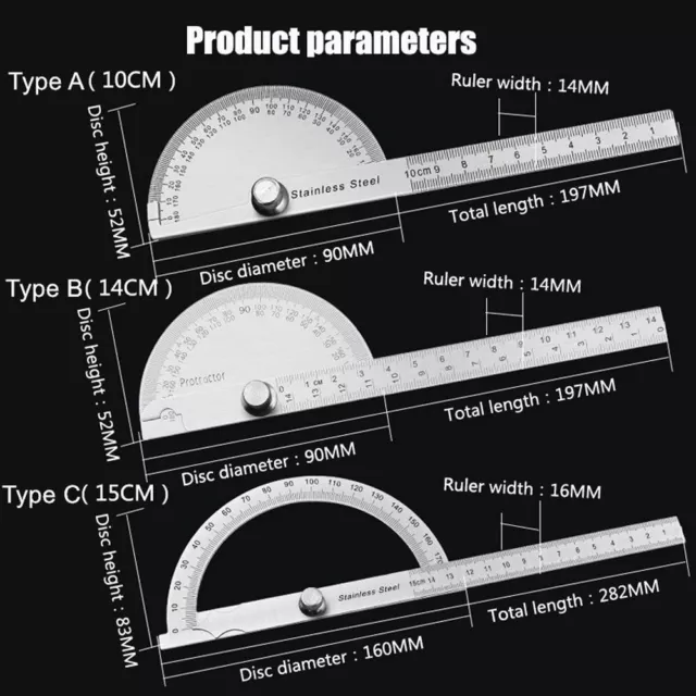 Stainless Steel 90/180 Degree Protractor Metal Angle Finder Woodworking Tools