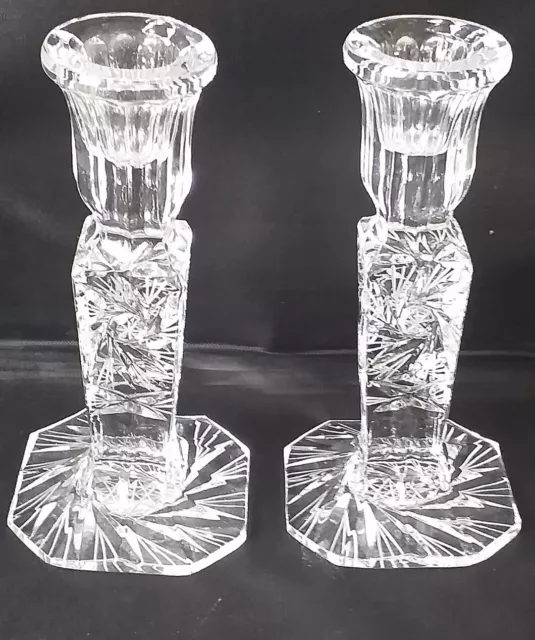 vintage heavy  Pair of Thick Cut  clear Glass candlesticks