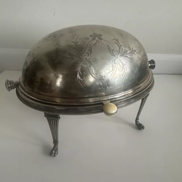 English 19th Century Silver Plated Revolving Dome Food Warmer Engraved 11x7.5x7”