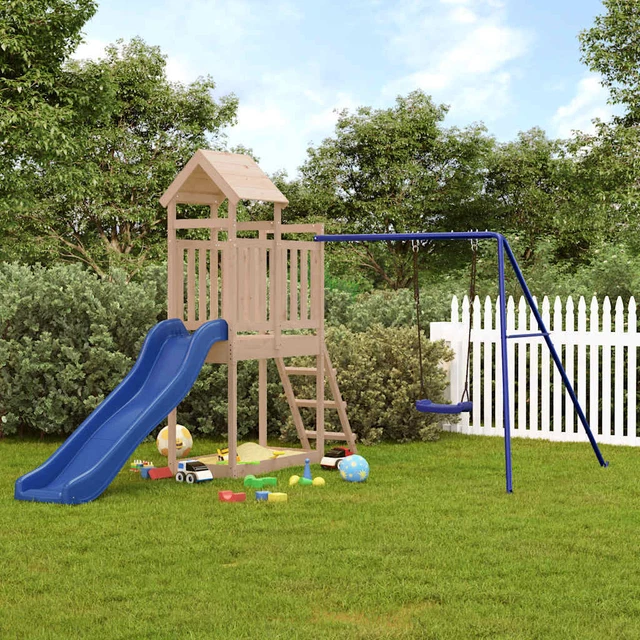 Set Da Gioco Esterno In Legno Massello Di Pino - Altalena E Torre Gioco Per Bambini 3-8 Anni, Dimensioni 308x259x208 Cm, Max 2 Bambini