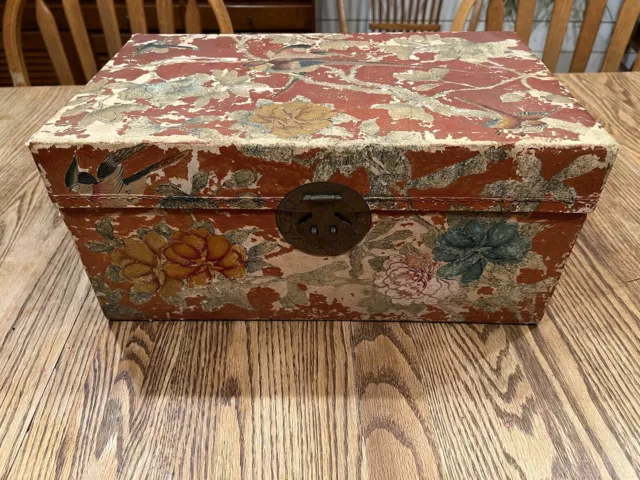 Antique Weathered  Asian Hand painted Leather Trunk Just Larger Than Jewelry Box