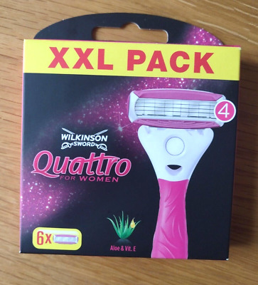 6x Espada Wilkinson QUATTRO para mujer Hoja de afeitar Rellenos Aloe Vera+ VIT E GRATIS P&P