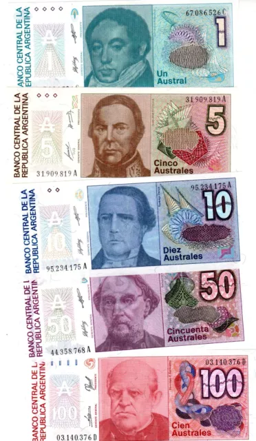 LOT SET SERIE 5 BILLETS Argentine ARGENTINA  1 5 10 50 100 AUSTRALES ND UNC NEUF