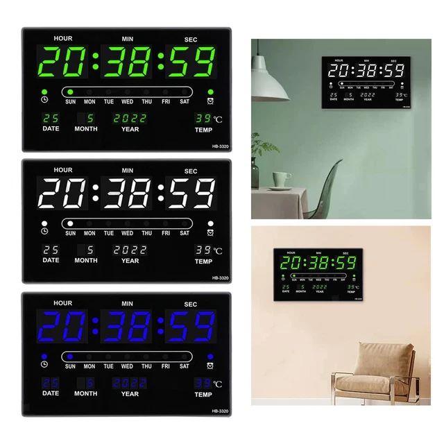 MODERN LARGE DIGITAL Clock with Date Time Week Indoor Temperature Mute