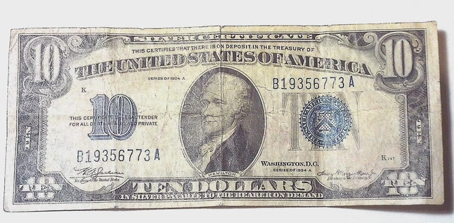 1934 Ten Dollar Blue Seal Note Silver Certificate US $10 bill 3