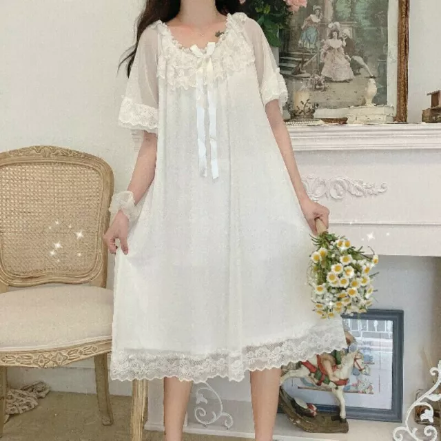 Lady Girls Lolita Nightdress Ruffle Lace Retro Sleepwear Nightgown Princess Cute