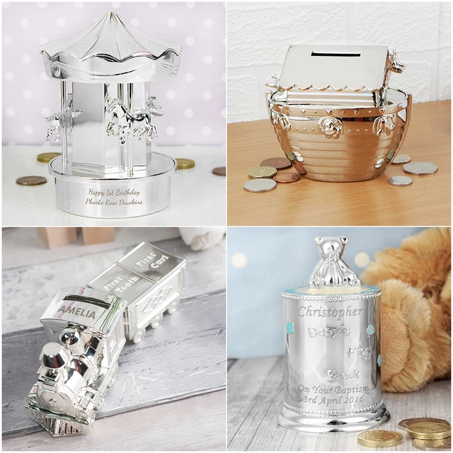 PERSONALISED SILVER PLATED Money Box Carousel Noah's Ark Train Christening Gifts £19.99