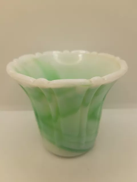 Akro Agate Glass Pot  Lilly Design Green White Slag Vintage USA 29C 1930s