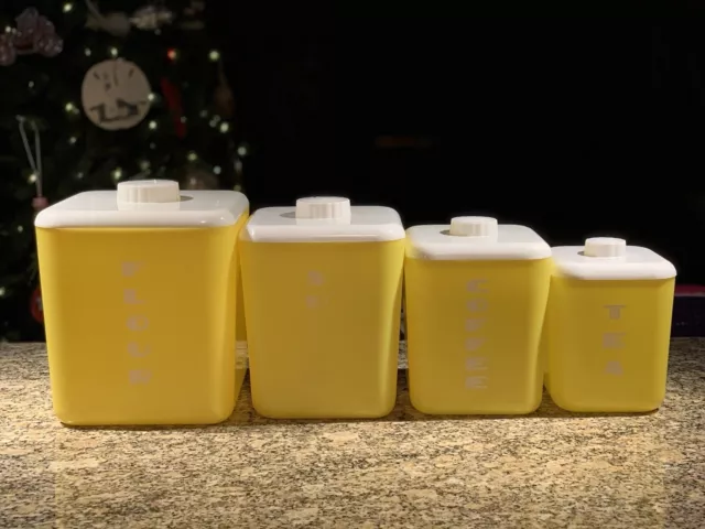 Vintage MCM Yellow & White Lustro Ware 4 Piece Plastic Nesting Canister Set USA