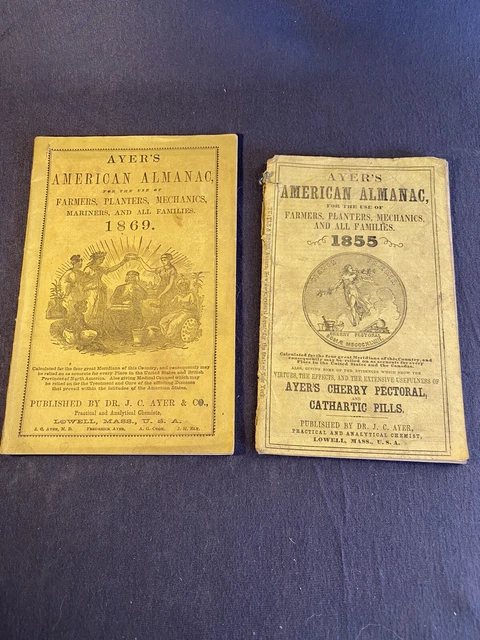 2 Ayers American Almanacs 1855&1869 Published By Dr J C Ayer & Co Lowell,MA