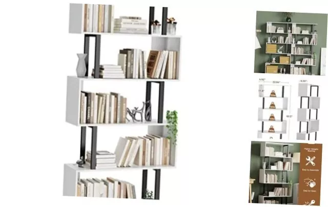 Geometric Bookcase, Black and Book Shelves, Modern Corner 5 Tier White