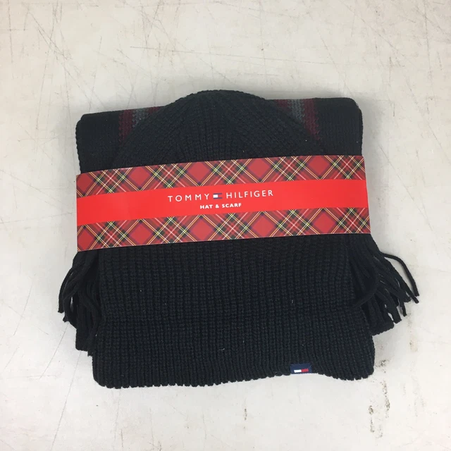 NWT Mens Tommy Hilfiger Hat And Scarf Set Beanie Scarf Black W/ Flag Logo