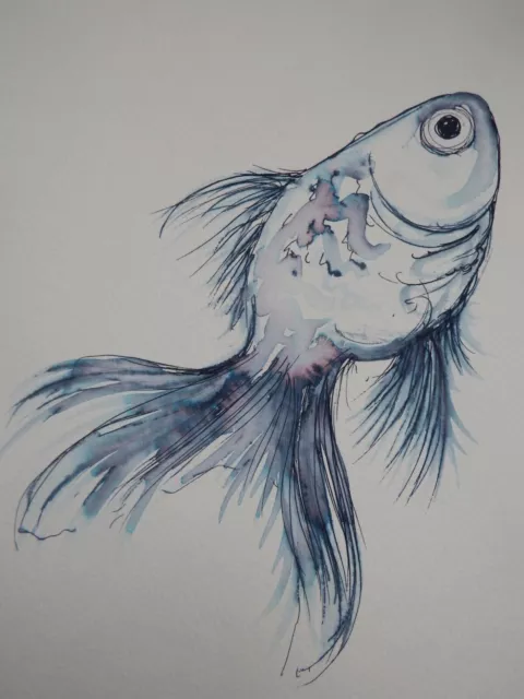 Original Pen & Ink fish drawing sketch of a goldfish on ivory