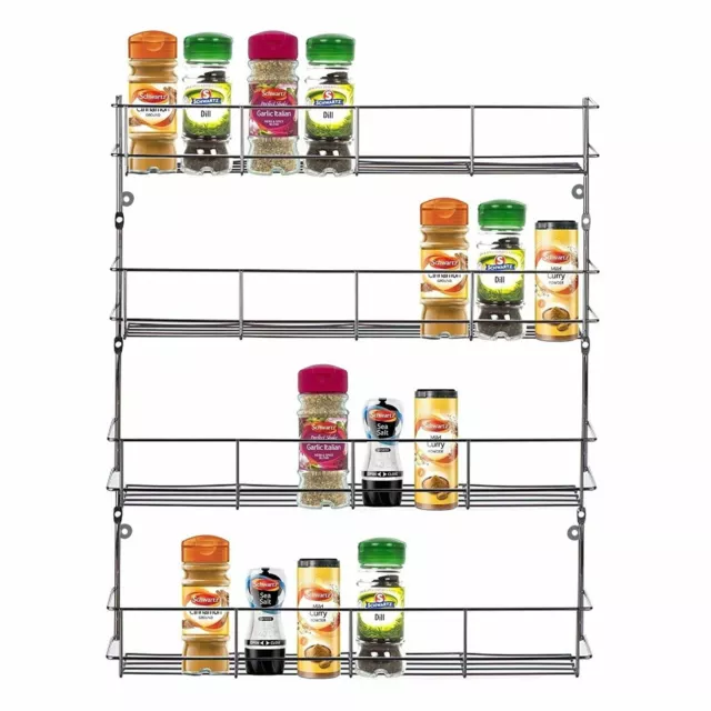 4 Tier Wooden Door Mounted Spice Rack Wall Storage Jar Holder Kitchen Cupboard