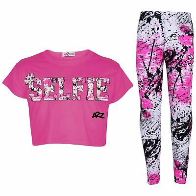 Kids #SELFIE Splash Print Pink Set Crop Top Leggings Outfit Girls Age 5-13 Years