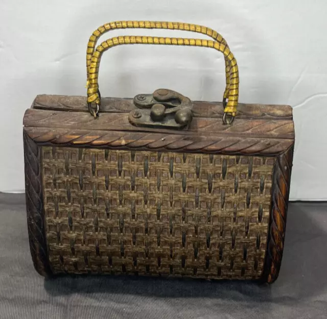 Vintage BOHO Wooden and Rattan Carrying  Case Purse Handbag  With Metal Latch