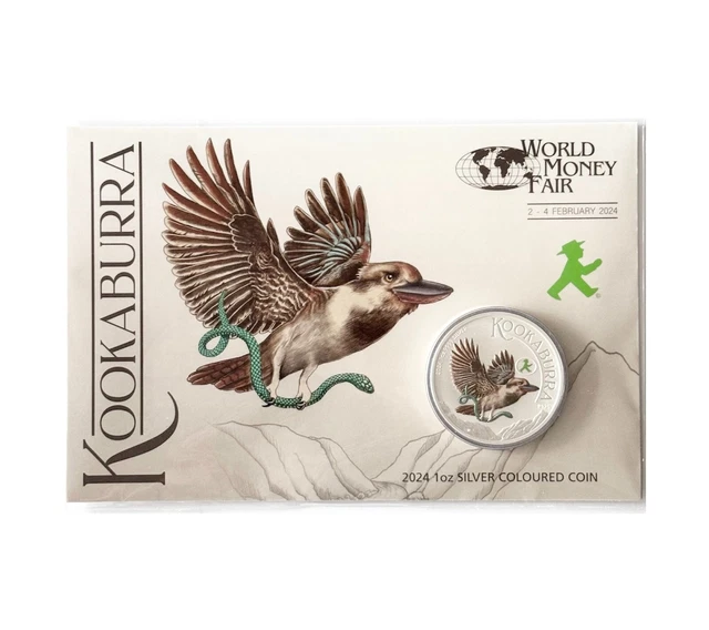 2024 WORLD MONEY Fair Australian Kookaburra 1oz Silver Coloured Coin in