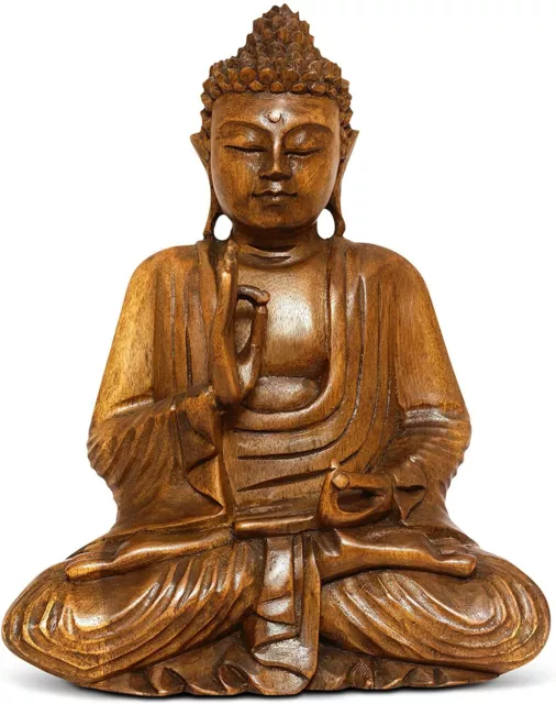 Wooden Sitting Buddha Statue inVitarka Mudra Handcrafted In Indonesia 16" High