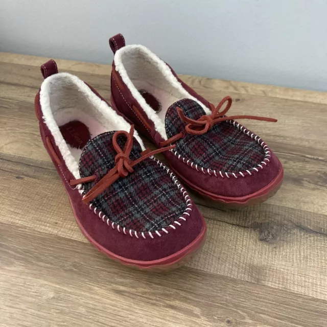 L.L. Bean Womens Wicked Good Suede Sherpa Lined Plaid Moccasins Slippers Size 9
