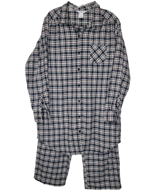 Sleep Sense Flannel Pajama Set Womens Large Black & White Plaid