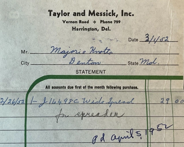 HARRINGTON DELAWARE VINTAGE Billhead Taylor and Messick John Deere