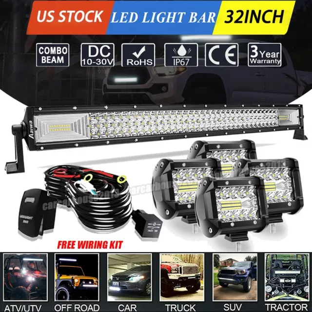 32" LED Light Bar Spot Flood Combo 4" Work Fog Pods Lamp + Wire Kit ATV Offroad