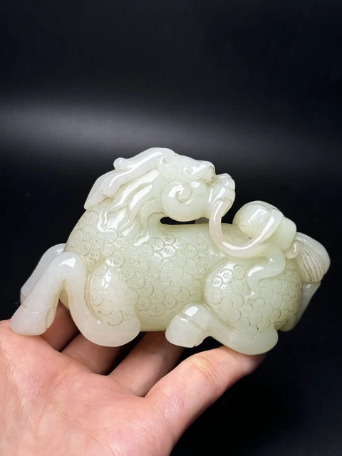 Chinese Exquisite Handmade Kirin carving Hetian Jade Statue