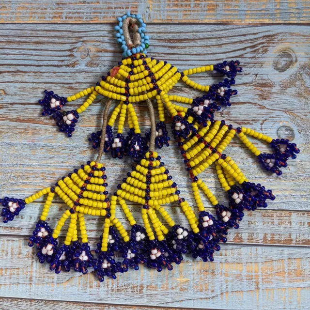 Vintage Kuchi Beaded Tribal Tassel Unique Shape Fringe Blue Yellow (#14747)
