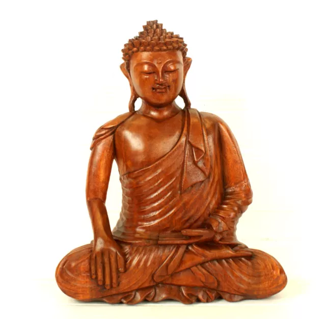 Hand Carved Wooden Meditating 31cm Bhumisparsha Mudra Buddha Statue