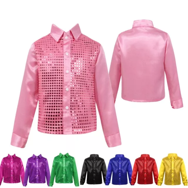 Boys Button Down Shirts Disco Hip-hop Jazz Dance Tops Sequins Show Dancewear