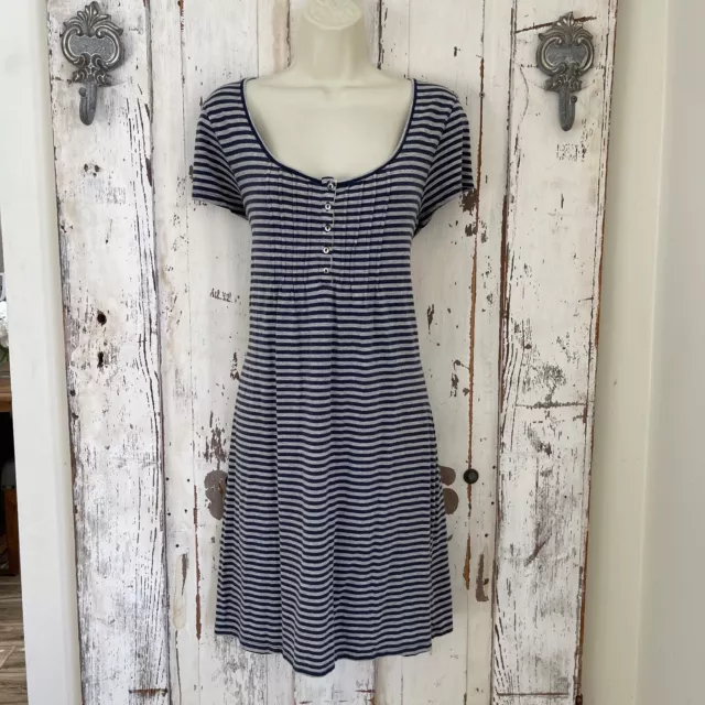 Boden Size 8 Woman's Navy Blue Gray Striped Knit Cotton Blend Shift Casual Dress