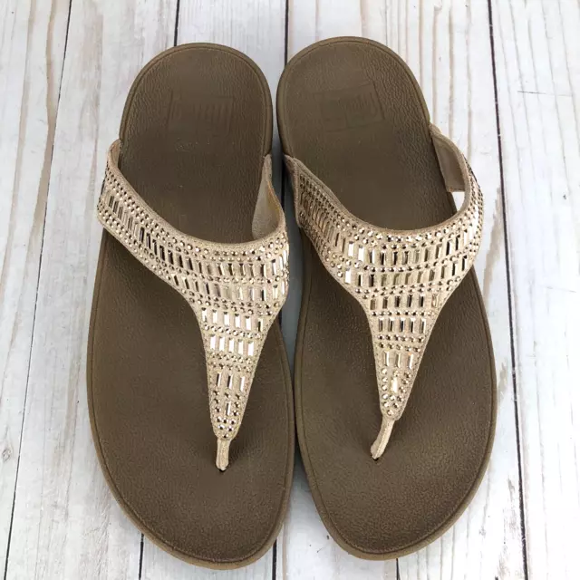 Fitflop Incastone Sandals Thong Wedge Slip On Rosa Gold Studded Womens Size 7