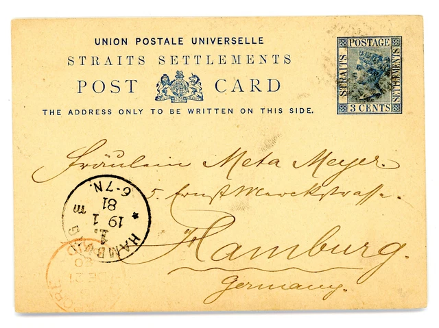 1881 Malaya SS 3c stationery postcard with Singapore dotted circle + red Paid
