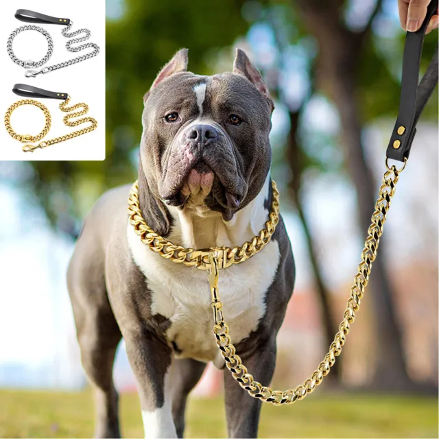 Chain Dog Collar and Heavy Duty Leash Leather Handle Cuban Link Stainless Steel