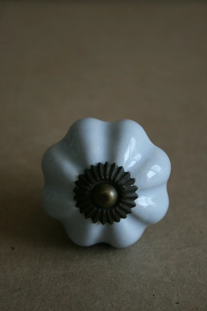 Bouton de porte ancien en porcelaine bleu claire et Laiton