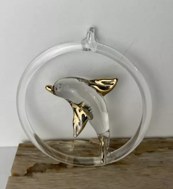 Hanging 3” x 2.5" Dolphins With Gold Accents Hand blown glass (Set of 2) 3